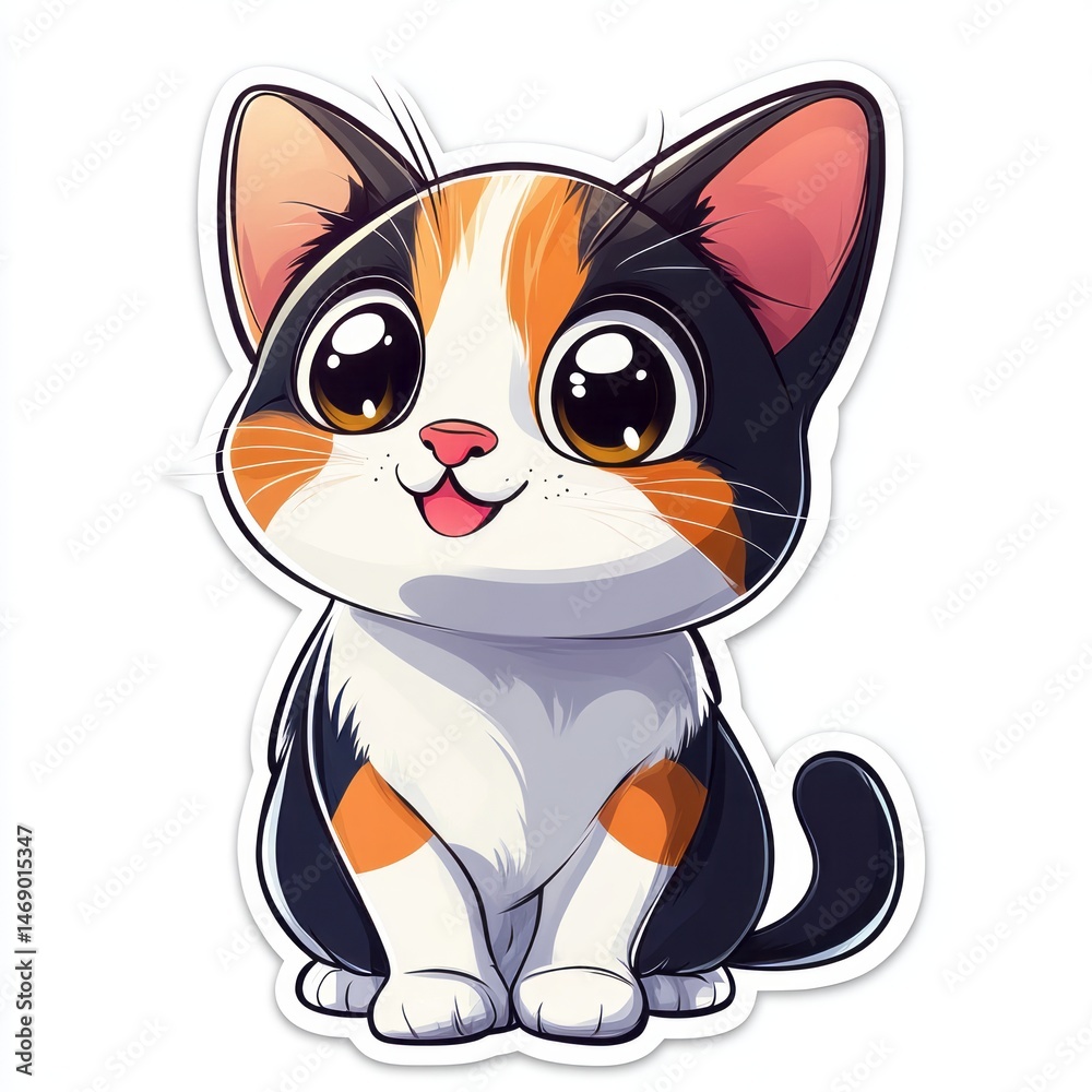 Obraz premium Cute cartoon calico kitten sitting happily.
