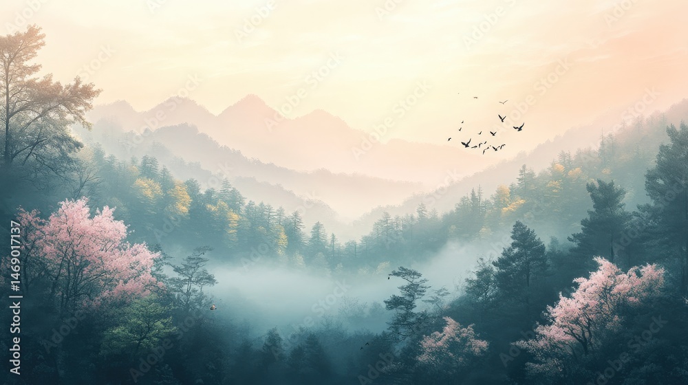 Obraz premium Misty Mountain Valley Sunrise with Pink Blossoms and Birds