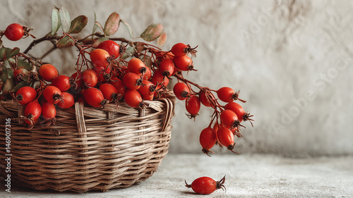 woven wicker basket overflowing with vibrant wild rosehips evokes rustic charm