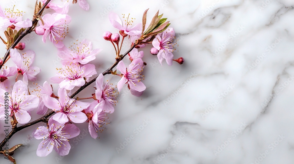 Obraz premium Delicate Cherry Blossoms Arranged on Elegant Marble Surface