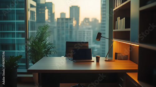 A desk with a laptop, a cup, and a potted plant