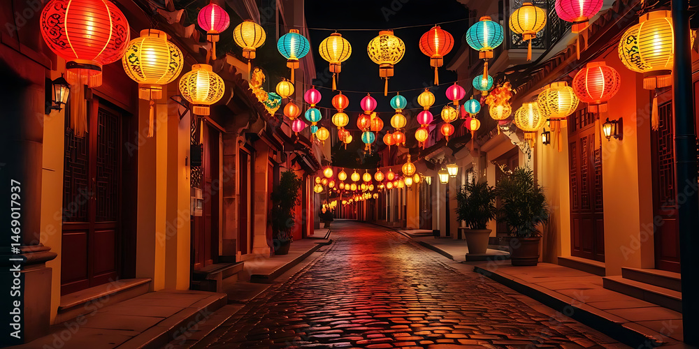 Obraz premium A cobblestone street illuminated by colorful lanterns at night, creating a festive and vibrant atmosphere.
