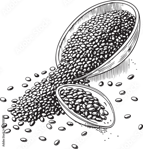 Chia seeds, Healing Plant, Natural Remedy, Naturopathy, Black and White Vector Illustration, Sketch Drawing Line Linear Symbol Icon Engraving, Hand-drawn Isolated
