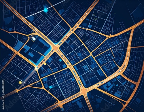 Beautiful overhead view of map in night setting with streets full of light and everything in dark shadows, illustrative animation of a city map