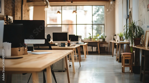 A large open office space with a lot of desks and a few potted plants