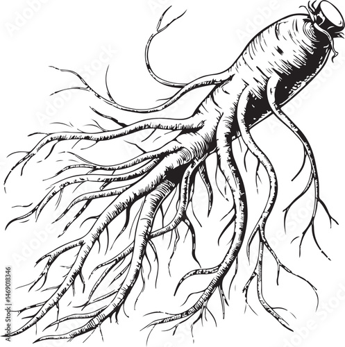Ginseng, Healing Plant, Natural Remedy, Naturopathy, Black and White Vector Illustration, Sketch Drawing Line Linear Symbol Icon Engraving, Hand-drawn Isolated