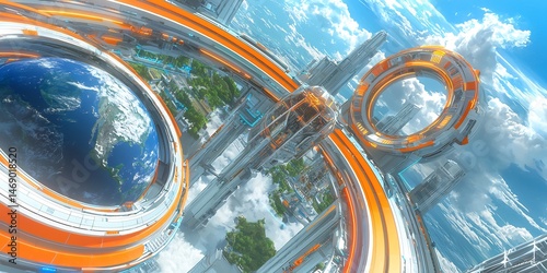 Futuristic Orbital City In Space, Earth Surrounded by Technological Ring Structure
