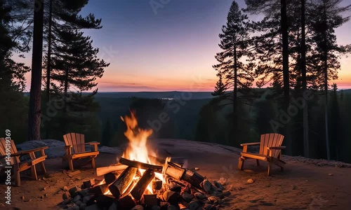 Campfire at Dusk, Adirondack Chairs and Forest View Under a Colorful Sky