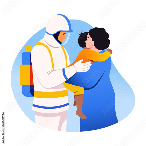 A flat style illustration showing a fireman comforting a child