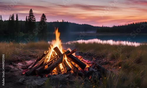 Campfire Flames Dance Against Sunset Sky Reflecting on Calm Lake Waters