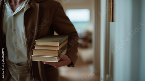 A person carries a stack of books in a narrow hallway
