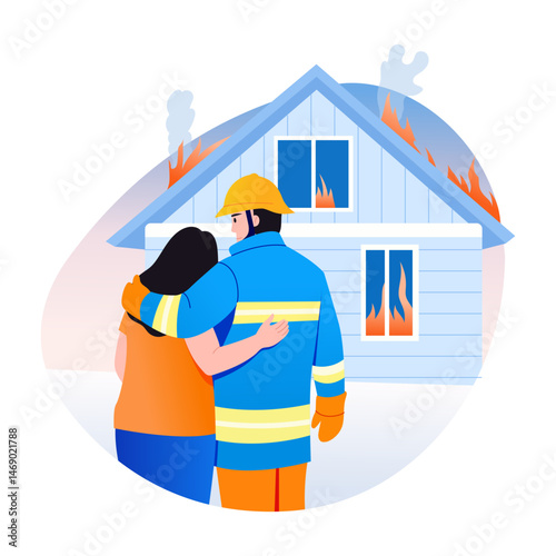 A flat style illustration of firefighter helping a woman 