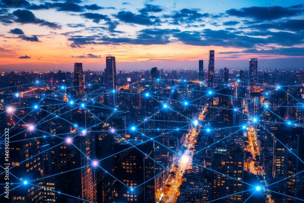 Fototapeta premium City skyline network at dusk. Connected urban infrastructure