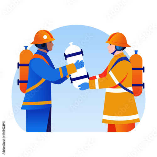 A flat style illustration of a fireman providing oxygen 