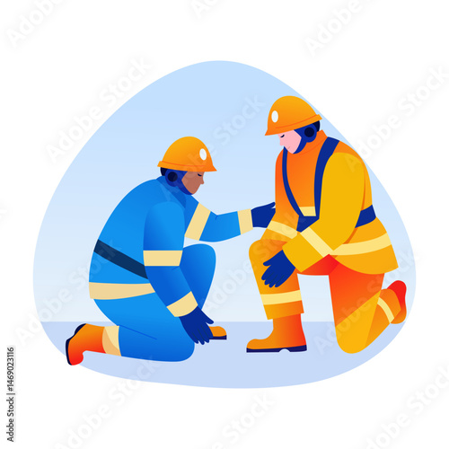 A flat style illustration showing firemen helping each other