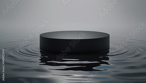 Matte black podium with dramatic water reflection. High-contrast product shot for luxury branding or architectural visuals
