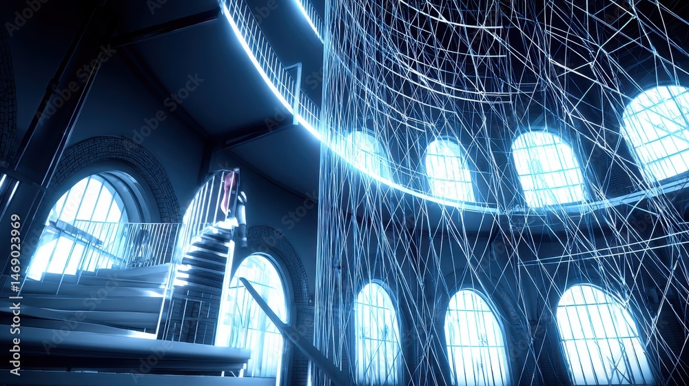 Fototapeta premium Modern industrial spiraling staircase in circular room with arched windows, web-like overhead installation, and glowing blue accen