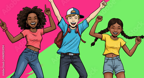 Multicultural group of joyful teenagers celebrating together with excitement