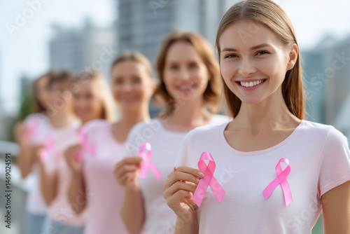 Supportive Women in Pink Shirts Hold Pink Ribbons for Breast Cancer Awareness