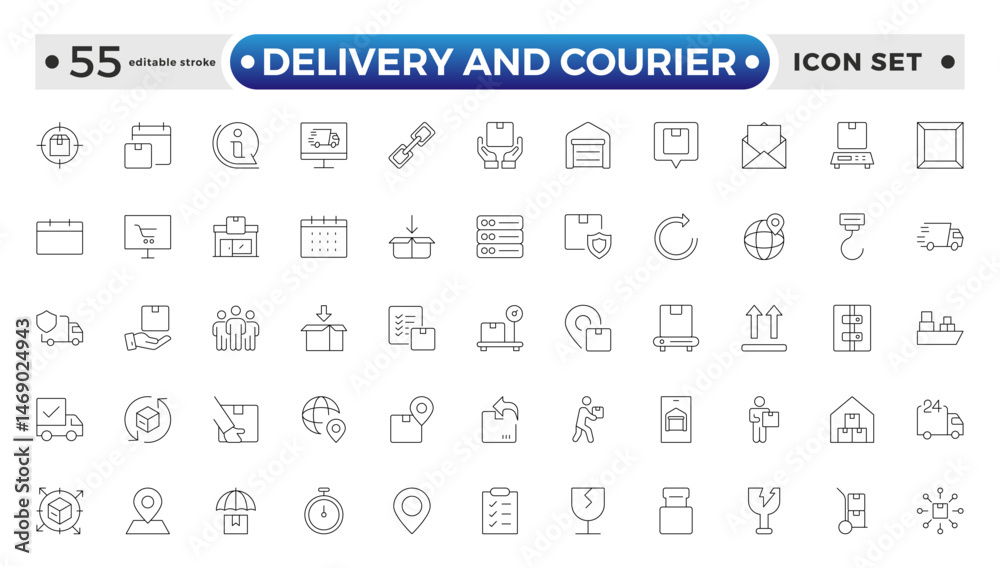 Delivery and courier icon set. Containing order tracking, delivery home, warehouse, truck, scooter, courier and cargo icons. Shipping symbol. Editable stroke outline icon.
Delivery and courier icon set. Containing order tracking, delivery home, warehouse, truck, scooter, courier and cargo icons. Shipping symbol. Editable stroke outline icon.
