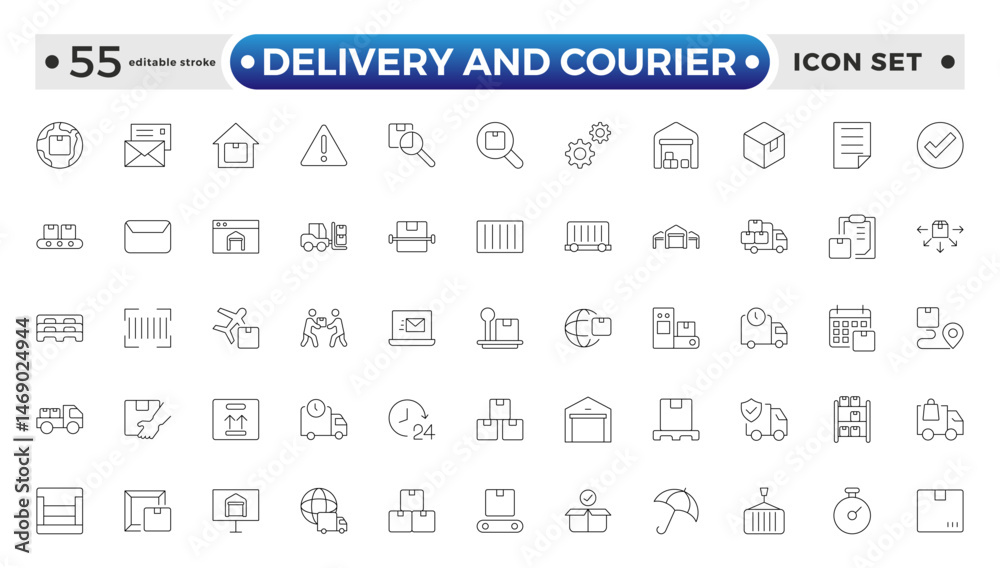 Delivery and courier icon set. Containing order tracking, delivery home, warehouse, truck, scooter, courier and cargo icons. Shipping symbol. Editable stroke outline icon.
Delivery and courier icon set. Containing order tracking, delivery home, warehouse, truck, scooter, courier and cargo icons. Shipping symbol. Editable stroke outline icon.