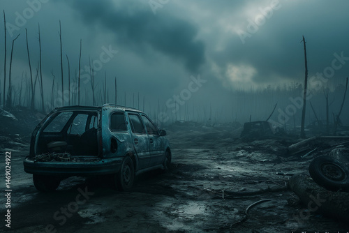 An abandoned, rusted car stands alone in a desolate, post-apocalyptic wasteland under a stormy sky. Generative AI