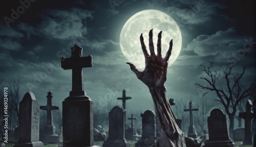 ハロウィンの月夜とお墓でゾンビの手が地中から姿を表す