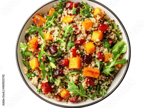 Roasted butternut squash quinoa salad with cranberries.  Healthy food bowl.  Lifestyle photography