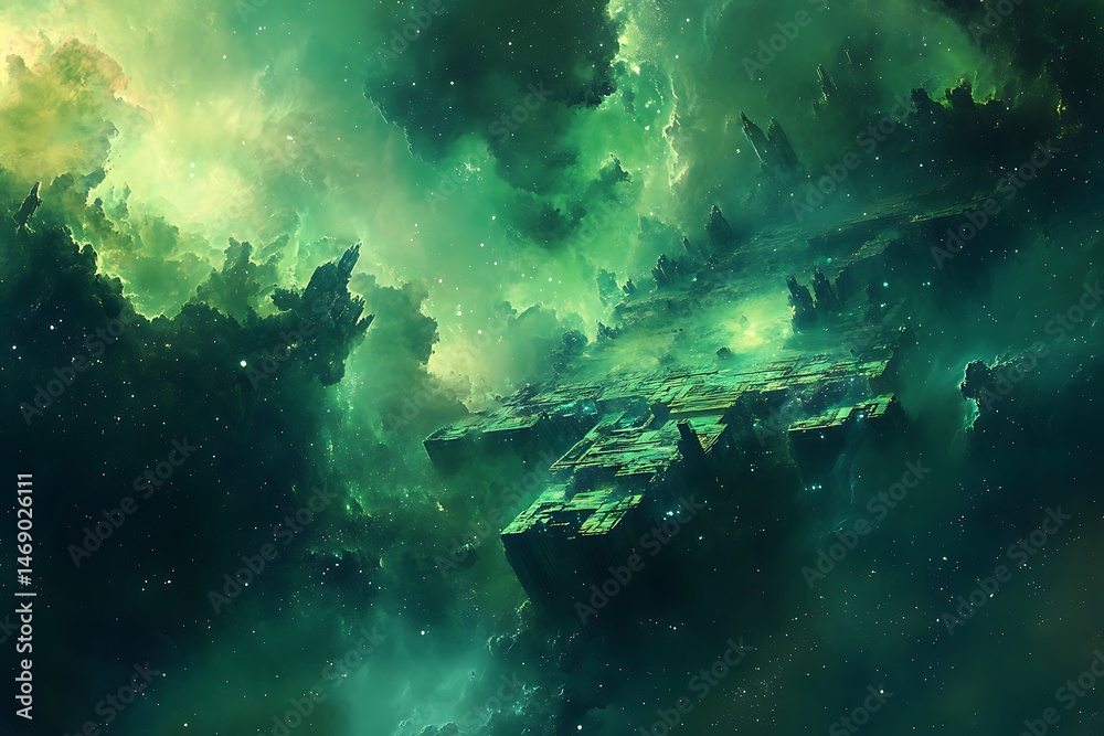 Obraz premium An ancient space structure floating through a vibrant green nebula filled with crystal dust