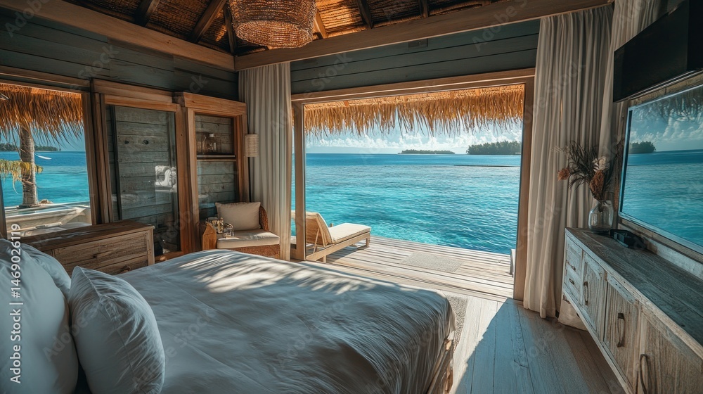 Fototapeta premium Oceanfront Bedroom Paradise: Luxurious Getaway with Breathtaking Views