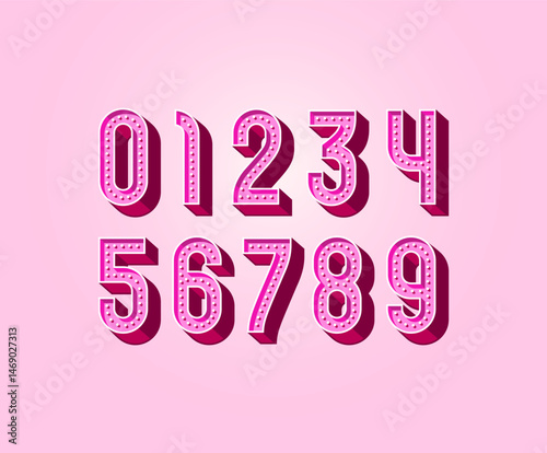3D modern number set, pink volumetric numerals with light bulbs, vector illustration 10eps