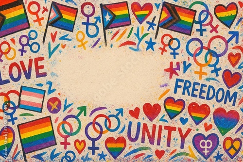 Pride-themed maximalist wall mural, graffiti-style symbols, flags, hearts, handwritten words like “love,” “freedom,” and “unity,” chaotic on borders but soft wash at the middle for text overlay