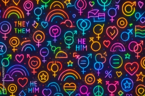 Maximalist abstract LGBTQ+ symbol pattern, densely packed pride icons (rainbows, stars, pronouns, hearts, equality signs) in neon outlines, layered with glows and depth blur in mid-center