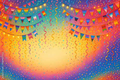 Festival pride banner background, rows of tiny maximalist bunting flags, streamers, lights, confetti falling from top and side borders