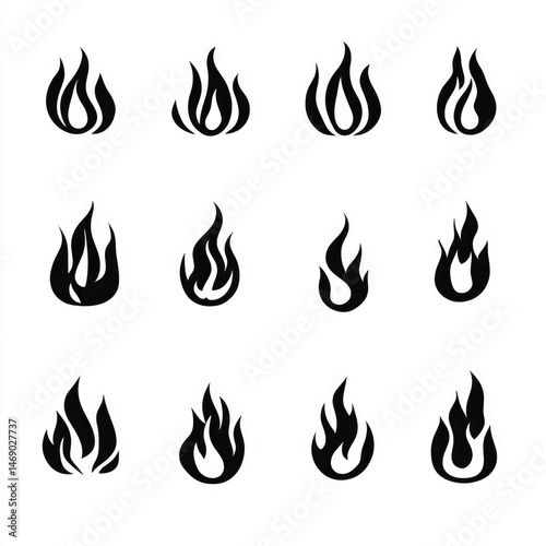 Set of Black Flame Icons  Fire Symbol Collection on the white background 


