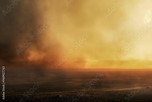 A golden and mysterious landscape with a subtle texture, under a cloudy and atmospheric sky. Generative AI