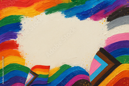 Abstract painted pride flag background, thick brushstrokes of multiple pride flags forming a rich textured border