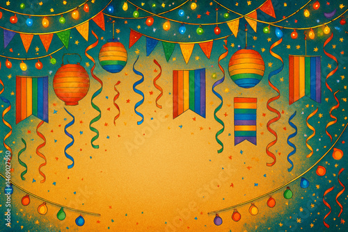 Maximalist festive pride decor backdrop, hanging lights, streamers, flags, and paper lanterns in rainbow tones filling the top and sides, leaving clean space below or in center