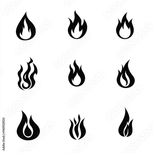 Set of Black Flame Icons  Fire Symbol Collection on the white background 

