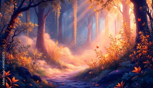Mystical enchanted forest background with glowing plants and soft fog .