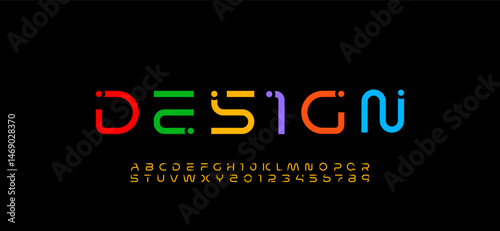 Colored font, art kids alphabet with dots, uppercase letters A, B, C, D, E, F, G, H, I, J, K, L, M, N, O, P, Q, R, S, T, U, V, W, X, Y, Z and numerals 0, 1, 2, 3, 4, 5, 6, 7, 8, 9 space style
