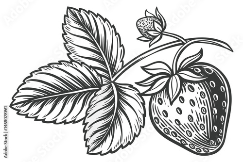 186 detailed black and white illustration, highly detailed organic strawberry, highly detailed organic strawberry leaves, highly detailed organic strawberry pattern, detailed black and white graphical