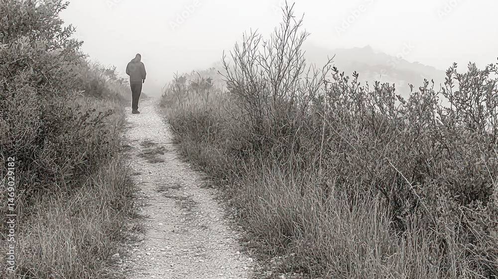 Fototapeta premium A solitary figure walks a path on a frosty winter day.