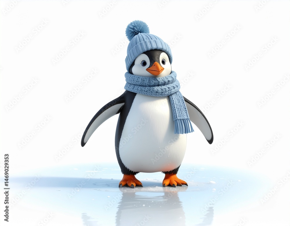 Obraz premium A cute penguin wearing a gray hat and scarf walks in the snow 3D cartoon