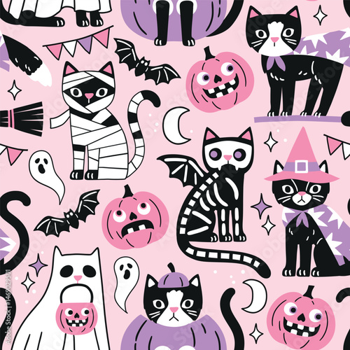 Seamless vector pattern with spooky Halloween black cats. Hand drawn creepy Halloween pumpkin and cat illustration. Perfect for wallpaper or fabric print design. EPS 10 vector file.