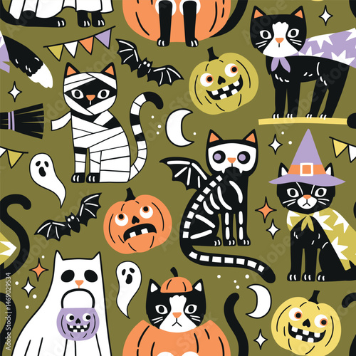 Seamless vector pattern with spooky Halloween black cats. Hand drawn creepy Halloween pumpkin and cat illustration. Perfect for wallpaper or fabric print design. EPS 10 vector file.