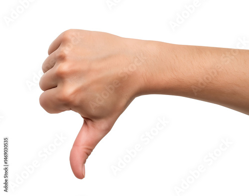 Realistic hand with thumbs down gesture, expressing disapproval, perfect for reviews or feedback content.