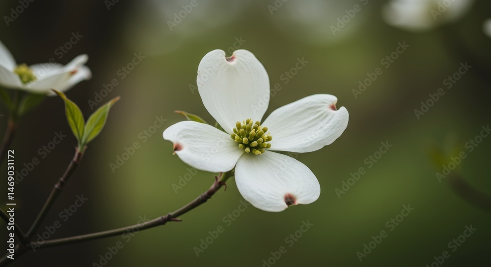 Fototapeta premium Elegant simplicity: A close up of a beautiful white dogwood flower bloom