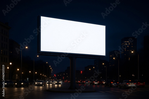 Outdoor billboard at night with city lights, designed for presenting advertisement and signage concepts