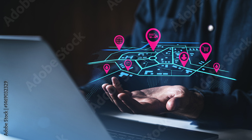 Logistics and transportation management with digital map and delivery tracking concept. photo